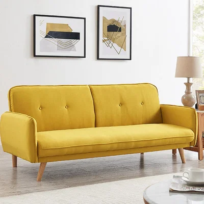 The Range Bell 3 Seater Sofa Bed Fabric With Wooden Legs and Tufted Backrest - Mustard