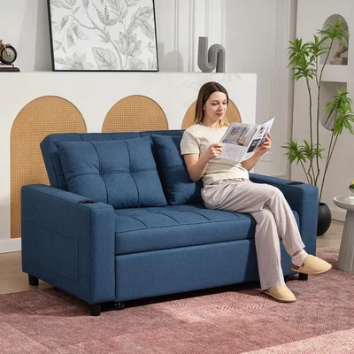 The Range HOMCOM 2 Seater Pull Out Sofa Bed with 2 Cup Holders - Dark Blue
