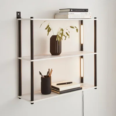 Dunelm Aiko Wall Unit with LED Lights Black and Faux Marble Marble