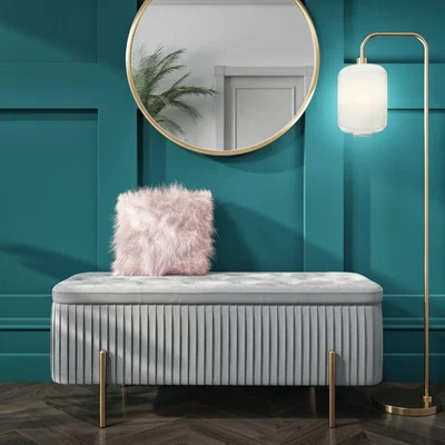 Furniture123 End-of-Bed Ottoman Storage Bench in Grey Pleated Velvet with Gold Legs - Harriet