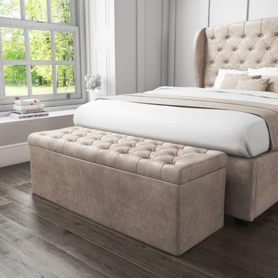 Furniture123 Safina Beige Velvet Ottoman Blanket Box for End-of-Bed Storage
