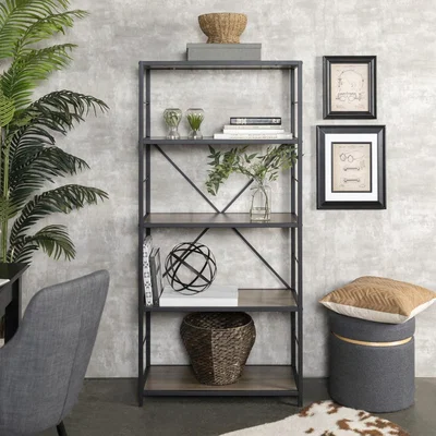 Furniture123 Grey Industrial Wooden Bookcase with Cross Metal Rack - Foster