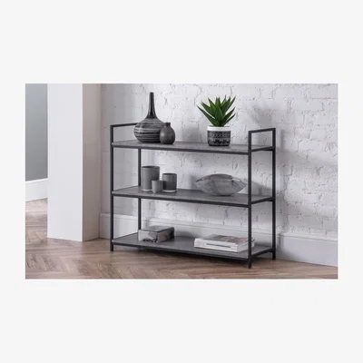 Furniture123 Staten Low Bookcase with Black Metal Frame & Faux Concrete Shelves - Julian Bowen