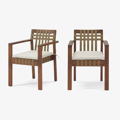 Made.com Zambra Set of 2 Garden Dining Chairs, Dark Acacia Wood & Olive Green