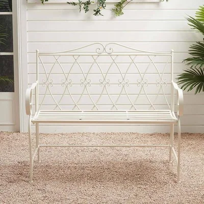 The Range Outdoor Cast Iron Garden Bench 3 Seater Wreath Pattern Armrest Backrest - White