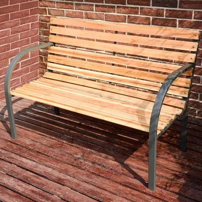 The Range Wooden Slatted 2 Seater Metal Frame Garden Bench - Natural