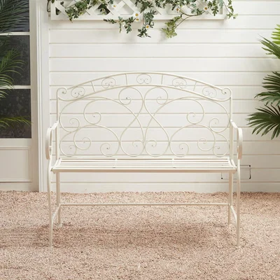 The Range Outdoor Cast Iron Bench 3 Seater Chair Vine Pattern Armrest Backrest - White