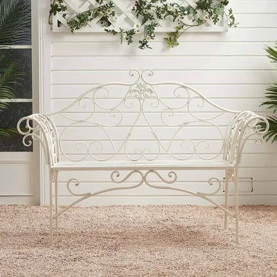 The Range Outdoor Cast Iron Bench 2 Seater Chair Carving Pattern Armrest Backrest - White