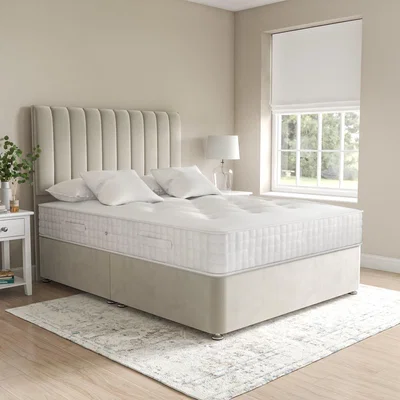Furniture123 Beige Velvet Divan Bed with Vertical Stripe Headboard - Langston