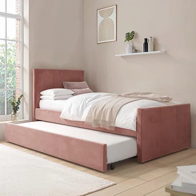 Furniture123 Single Guest Bed with Trundle Bed in Pink Velvet - Layla