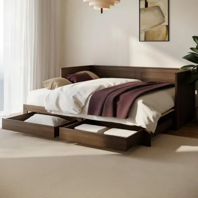 Furniture123 Double Wooden Day Bed with Trundle and Storage in Walnut - Lincoln