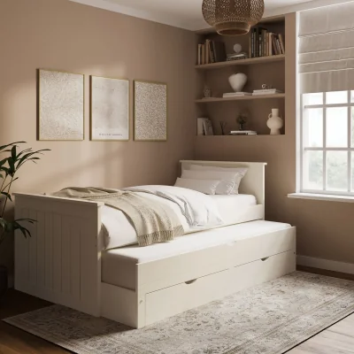 Furniture123 Single Cream Wooden Guest Bed with Storage and Trundle - Sander
