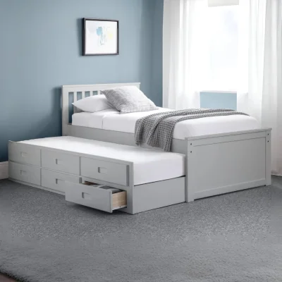 Happy Beds Maisie - Single - Kids Guest Bed - Storage and Underbed Trundle - Light Grey - Wooden - 3ft - Happy Beds