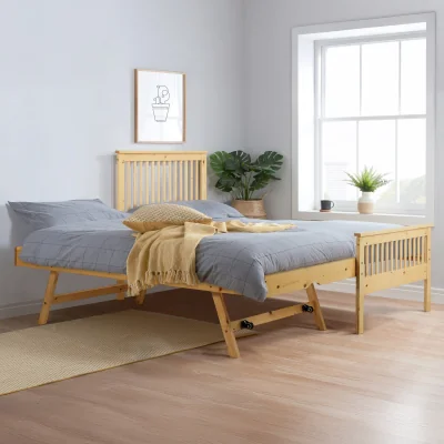 Happy Beds Buxton - Single - High Foot-End Bed with Underbed Trundle - Natural Pine - Wood - 3ft