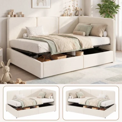 The Range Single Bouclé Ottoman Daybed with Storage, Cream - Cream
