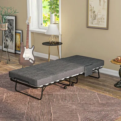The Range HOMCOM Folding Single Bed with Mattress Lockable Wheels Cover Pockets - Dark Grey