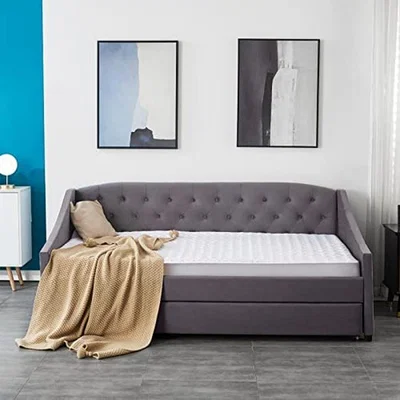 The Range Grey Velvet 3ft Single Daybed with Trundle and 2 Memory Foam  Mattresses - Grey