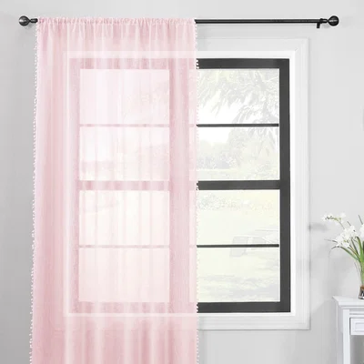 Dunelm Textured Pom Pom Blush Slot Top Voile Pink