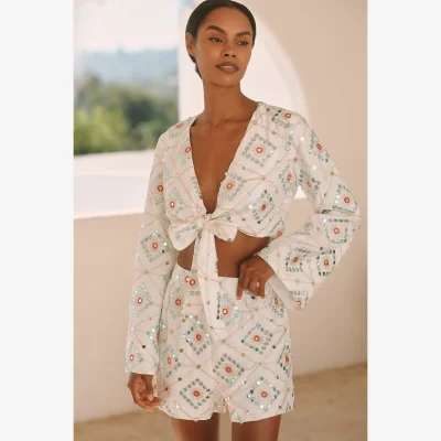 Anthropologie BLITHE Mirror Geo Long-Sleeve Tie-Front Top