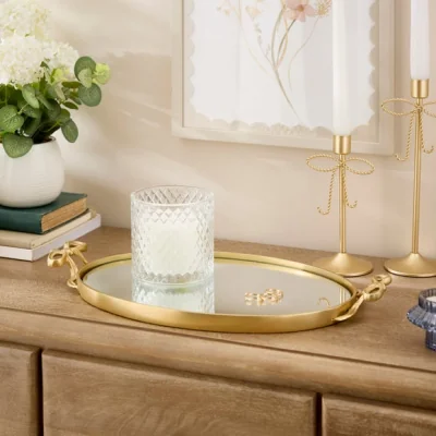 Dunelm Gold Bow Handled Oval Mirrored Tray