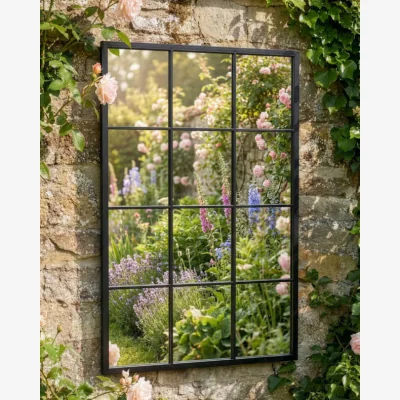 Dibor Outdoor Tall Black Iron Window Mirror
