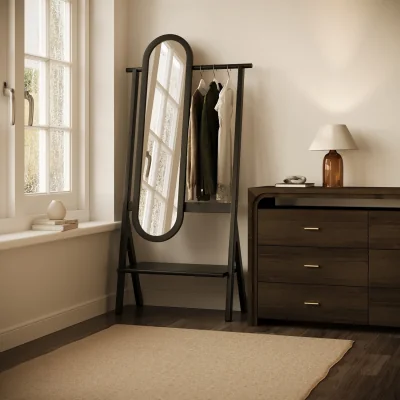 Furniture123 Black Freestanding Full-Length Mirror with Hanging Rail and Shelf - Figo