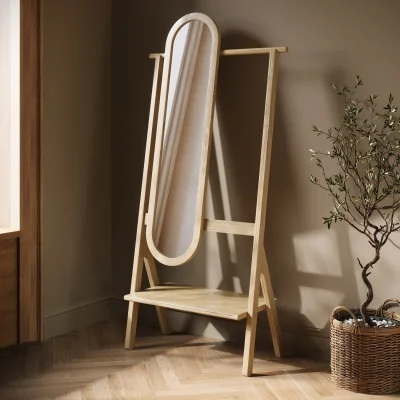 Furniture123 Light Wood Freestanding Full-Length Hall Mirror with Hanging Rail and Shelf - Figo