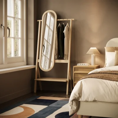 Furniture123 Light Wood Freestanding Full-Length Mirror with Hanging Rail and Shelf - Figo