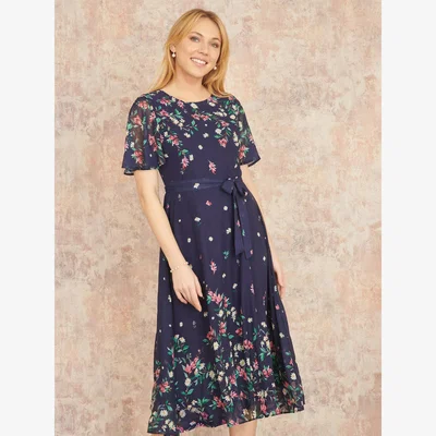 John Lewis Yumi Daisy Mirror Placement Skater Dress, Navy/Multi