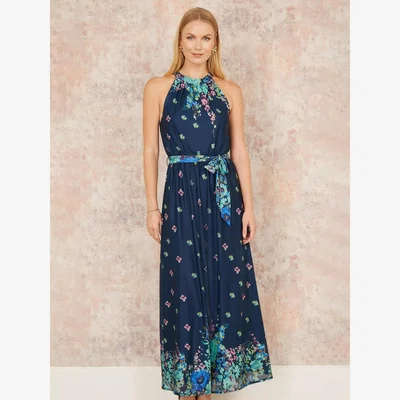 John Lewis Yumi Mirror Floral Halterneck Maxi Dress, Navy