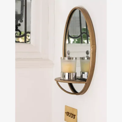 John Lewis One.World Granville Oval Metal Wall Mirror with Shelf, 45 x 30.3cm, Brass