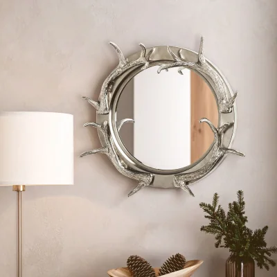 Pagazzi Antler Silver Metal Wall Mirror with Antler Frame