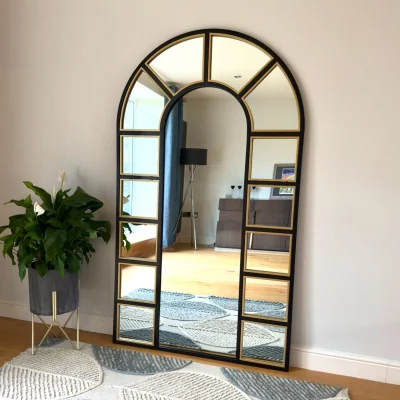 Pagazzi Mio - Full Length Black & Gold Metal Arched Window Mirror - 180cm x 105cm.