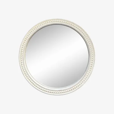 The Range Light Washed Wood Round Beaded Mirror - White
