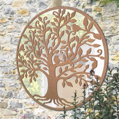 The Range MirrorOutlet Bird Tree Design Round Garden Mirror 100 x 100 CM - Brown
