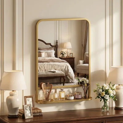 The Range HOMCOM Modern Square Wall Mirror with Storage Shelf - Gold Tone / 50cm