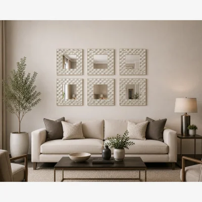 The Range 8x Box Border Square Frame Wall Tile Mirror 40Cm Dia. - White / 6