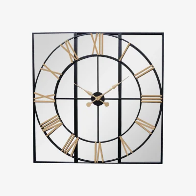 The Range Wyld Haus 1130mm Square Industrial Mirror Wall Clock with Brushed-Gold Roman Numerals - Black