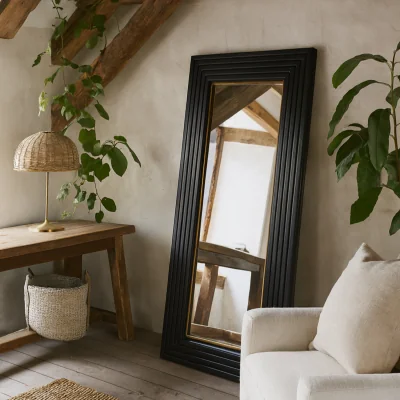 The Range Rectangular Wall Mirror with Stepped Wood Frame and Gold Trim - Black