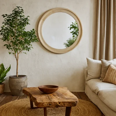 The Range Large Round Washed Wood Wall Mirror Antique - Antique White