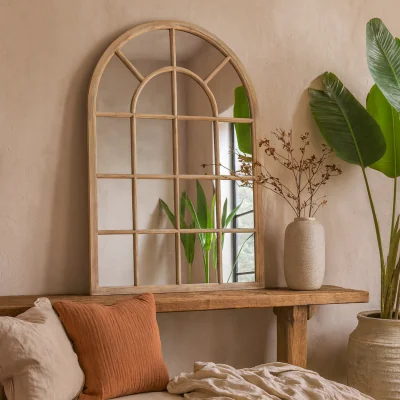 The Range Large Natural Arched Wooden Windowpane Wall Mirror - Beige