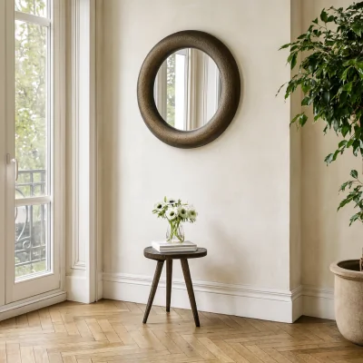 The Range Perugia Round Hammered Mango Wood Wall Mirror - Brown