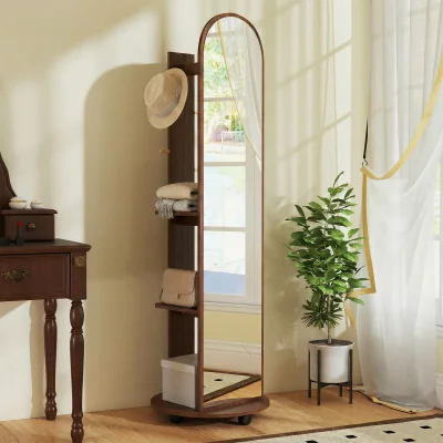 The Range HOMCOM 2-in-1 Full Length Mirror with Shelves 4 Wheels - Brown Wood Effect