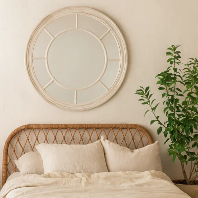 The Range Whitewashed Round Window Pane Wall Mirror - Brown