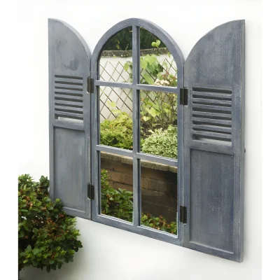 The Range Window Arch Design Glass Mirror with Hinged Wooden Shutters - Silver