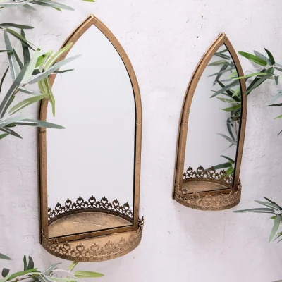 The Range Gold Metal Garden Wall Mirror With Shelf (16257) - Small - Gold / 400mm / 1.65kg