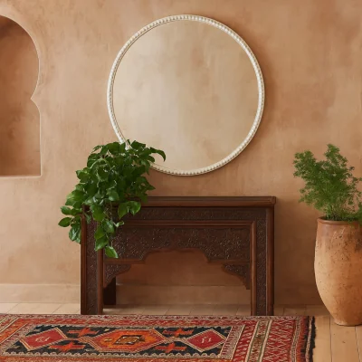 The Range Beaded Round Wall Mirror Wood Effect Frame - White