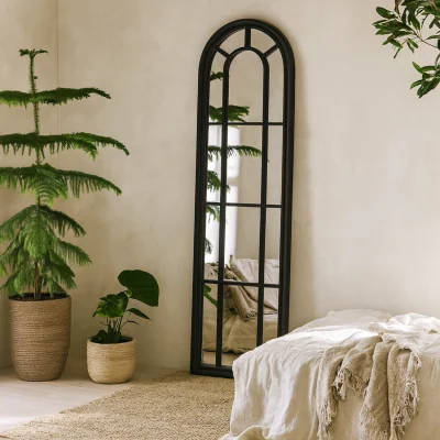 The Range Slim Tall Wood Arched Windowpane Mirror - Black