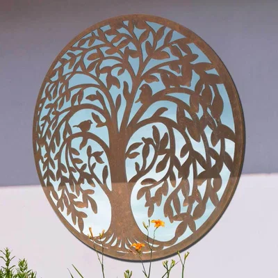 The Range MirrorOutlet Song Birds Tree Design Round Garden Mirror - Brown