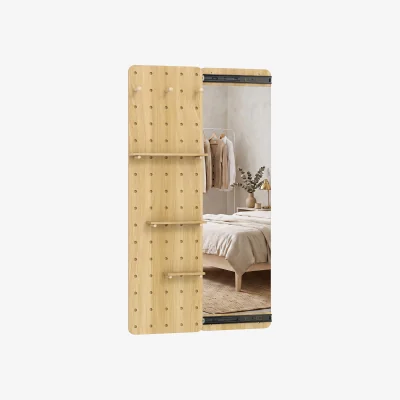 The Range Space saving Wall Mounted Mirror Sliding Pegboard With Hooks and Shelves - Brown